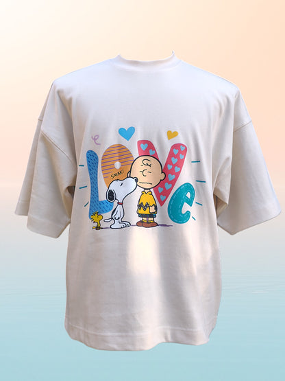 Polera Snoopy “LOVE” Oversize – Algodón Premium 280 g (Arena, Negro y Chocolate)