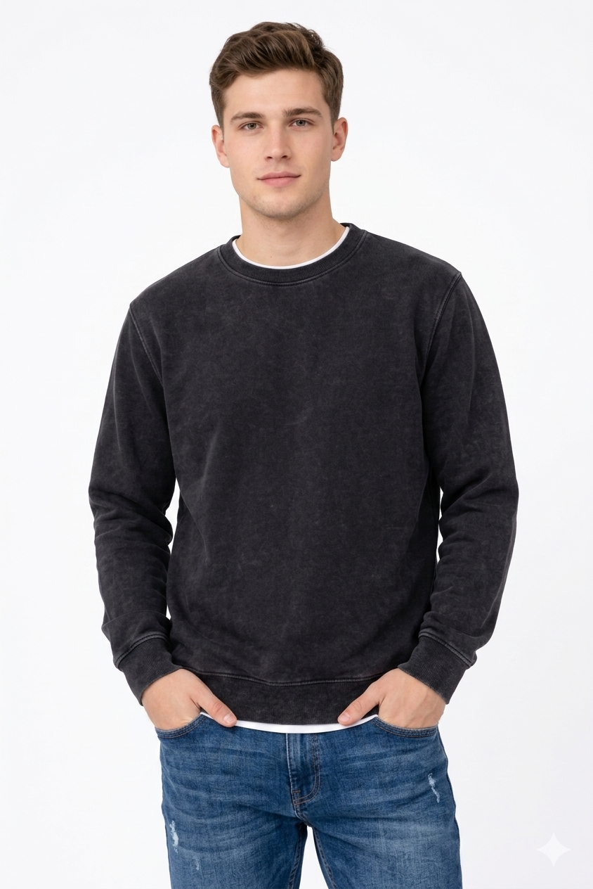 Polerón negro de algodón   Crew Acid Wash