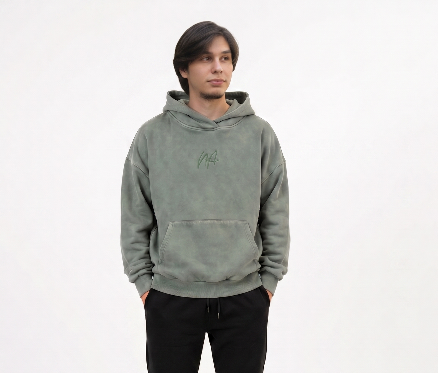 Polerón  oversize Boxy Fit  Acid Wash  verde  de algodón cuello cruzado