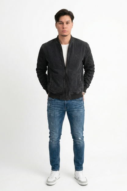 Chaqueta Bomber Negra Acid Wash  Algodón