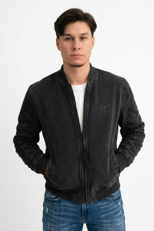 Chaqueta Bomber Negra Acid Wash  Algodón
