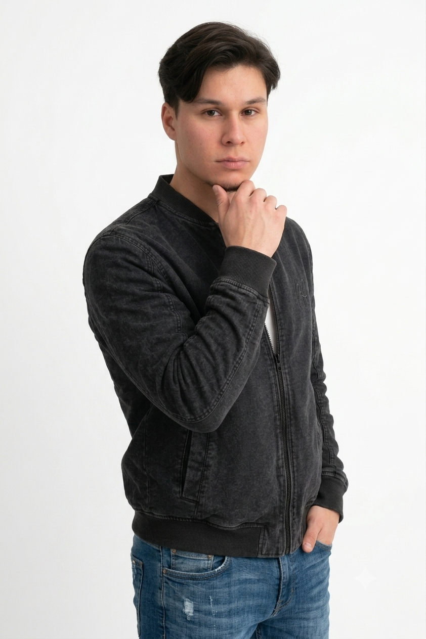 Chaqueta Bomber Negra Acid Wash  Algodón