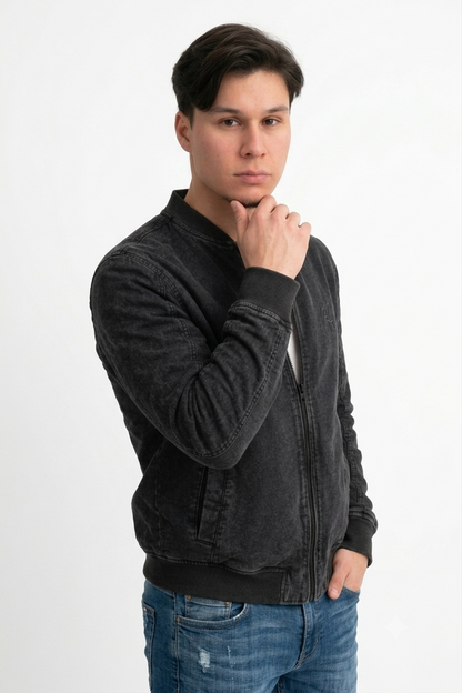 Chaqueta Bomber Negra Acid Wash  Algodón