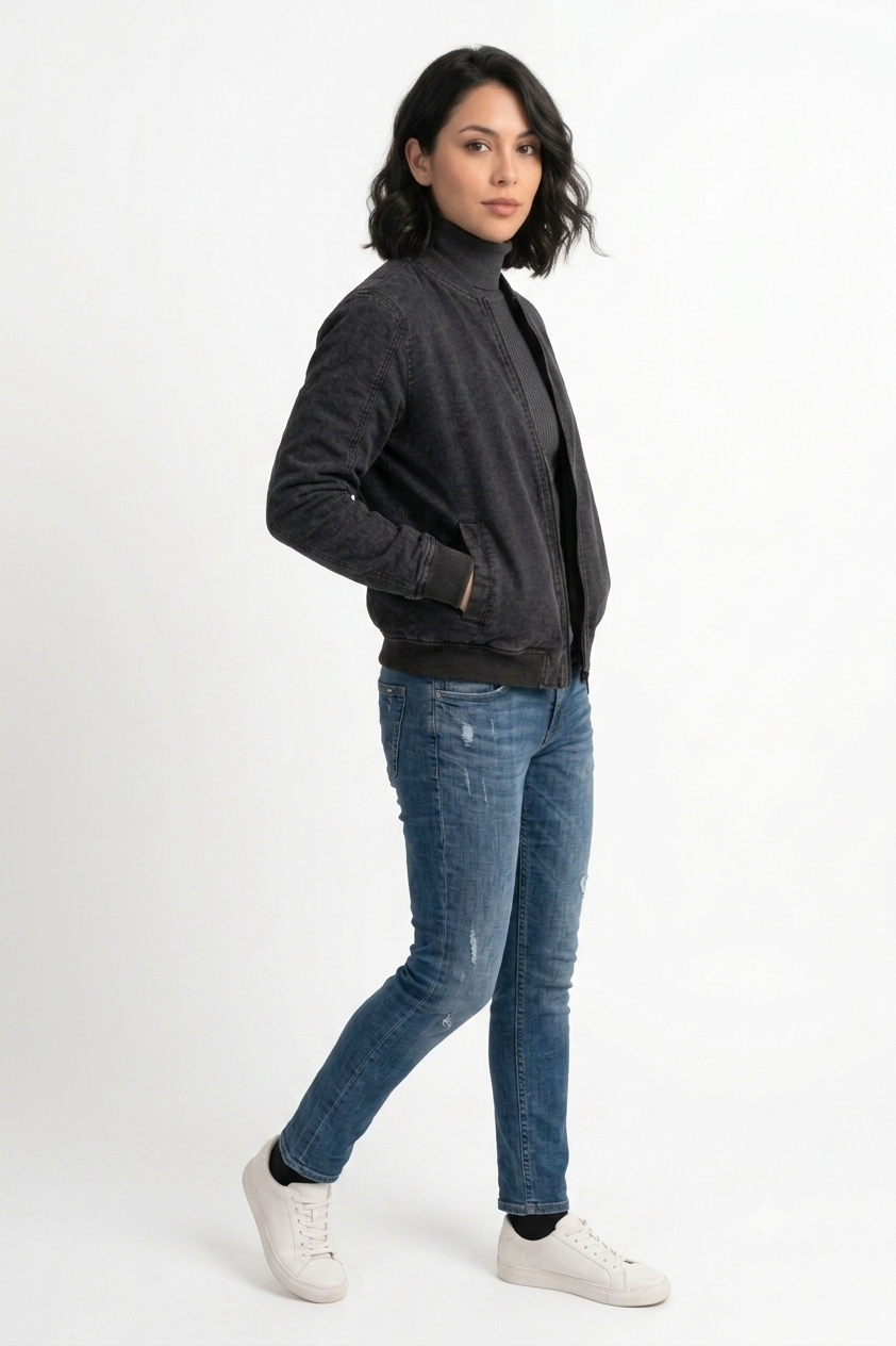 Chaqueta Bomber Negra Acid Wash  Algodón