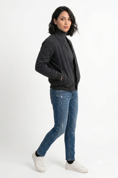 Chaqueta Bomber Negra Acid Wash  Algodón