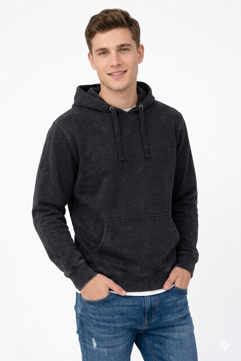 Polerón  negro de Algodón Acid Wash Canguro