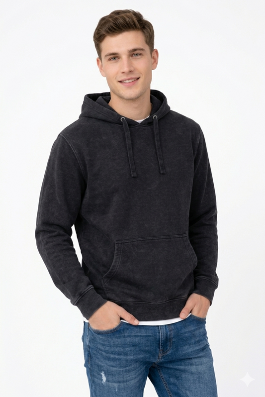 Polerón  negro de Algodón Acid Wash Canguro