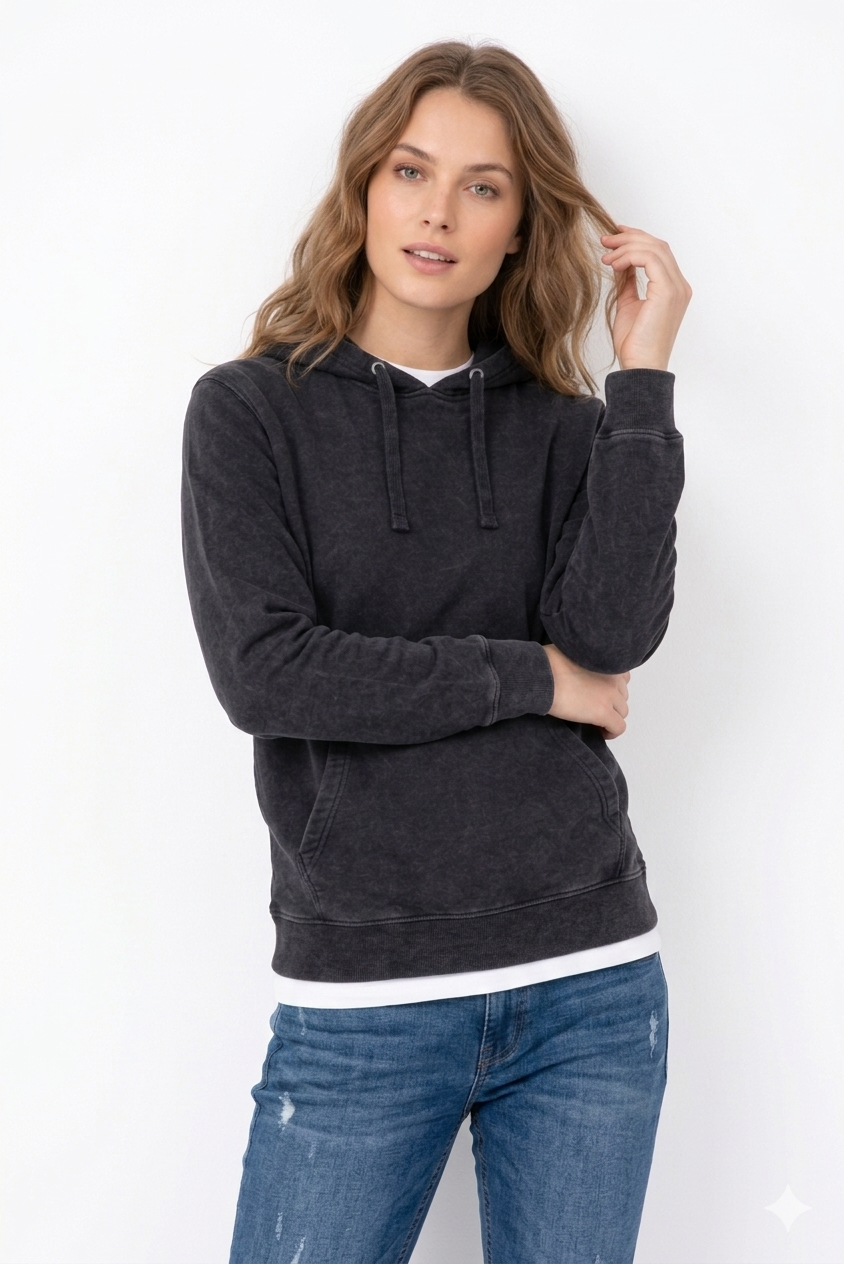 Polerón  negro de Algodón Acid Wash Canguro