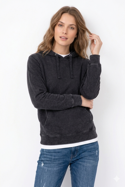 Polerón  negro de Algodón Acid Wash Canguro